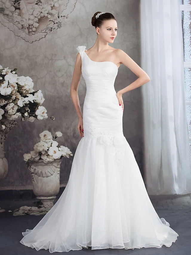 Luolandi Wedding Dresses One Shoulder Court Train Organza Spaghetti Strap with Ruched